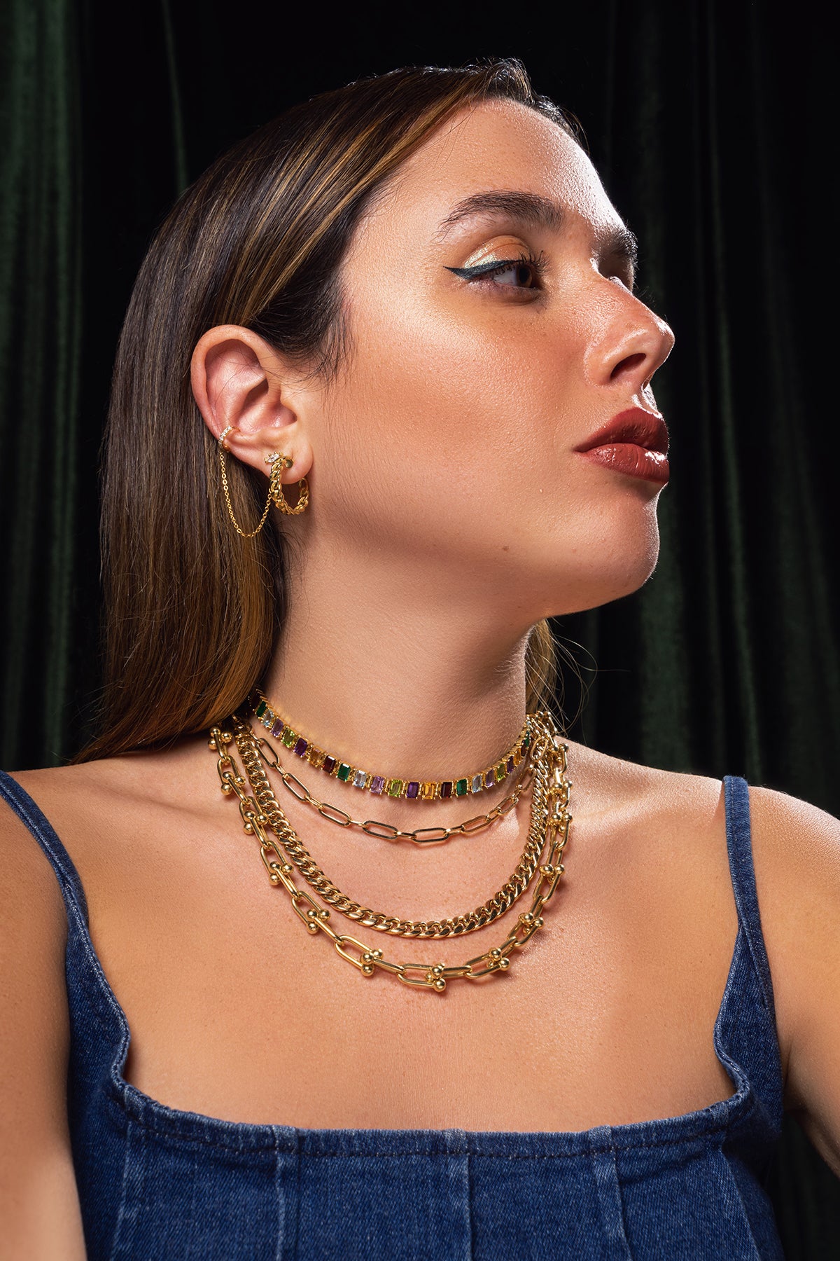 Diamond Chain and Hoops Stud Earrings in 18k Gold