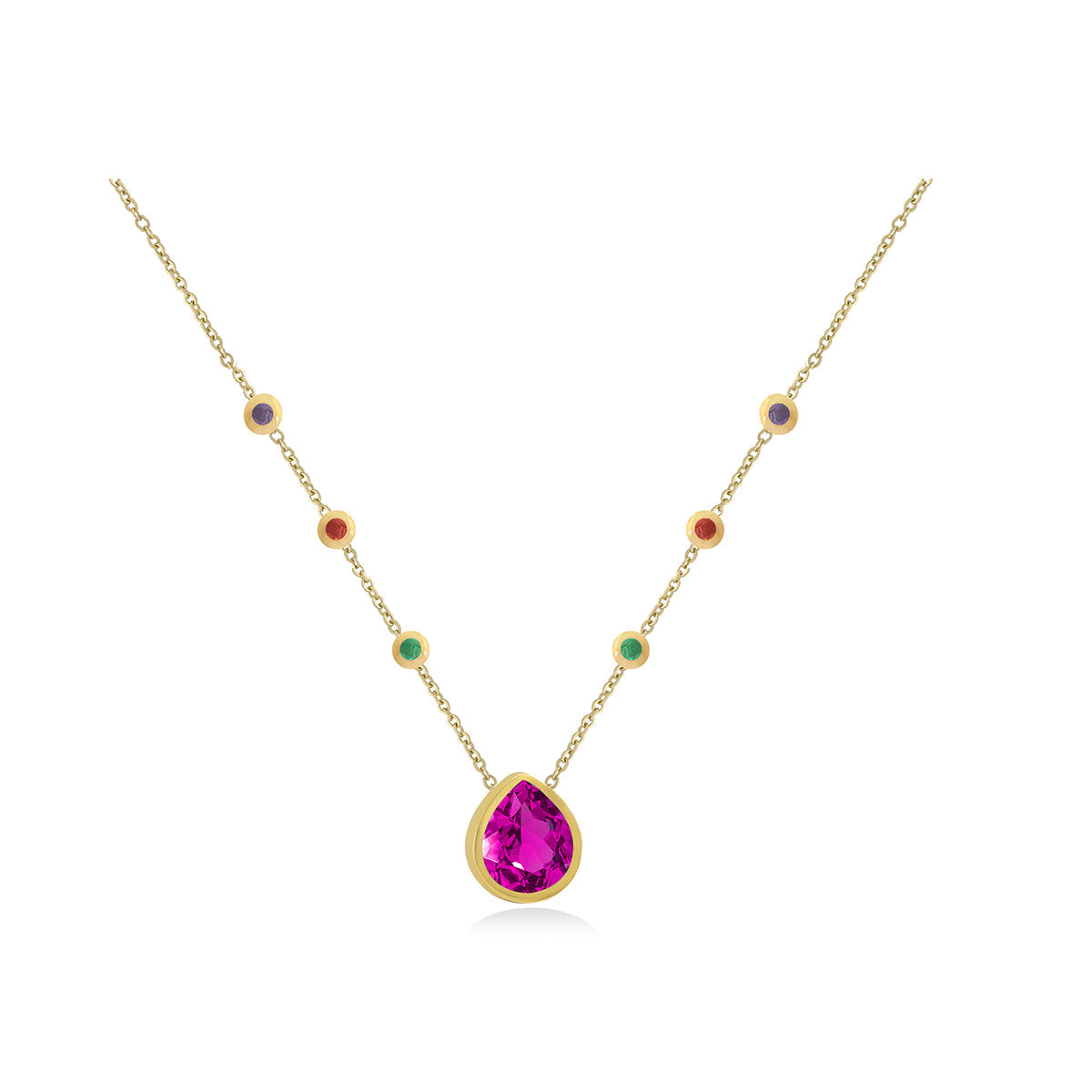 Chain Necklace Inlaid With Colorful Gem Stones In 18K Yellow Gold