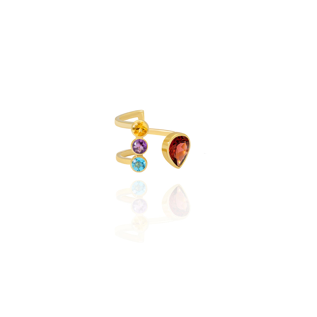 Open Ring Adorned with a Stunning Pear-Shaped Stone and Three Exquisite Round Semi-Precious Stones