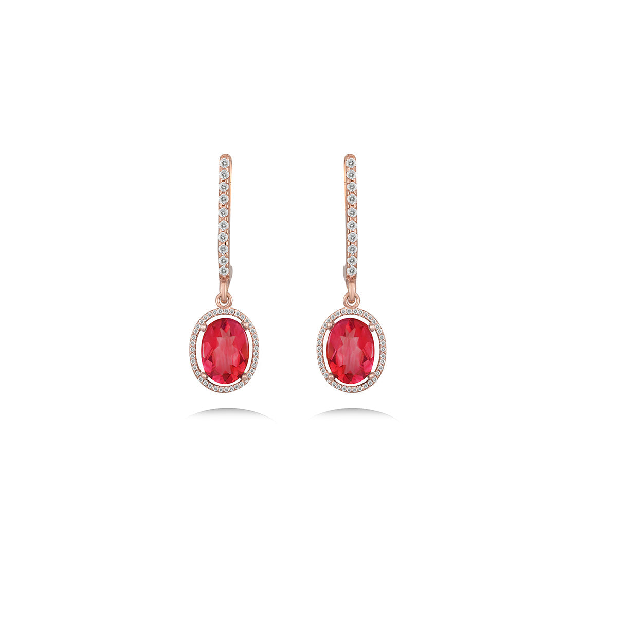Rose Gold Oval Brilliant Cut Ruby Diamond Halo Drop Earrings in 18K Gold