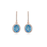 Rose Gold Oval Brilliant Cut London Blue Topaz Diamond Halo Drop Earrings in 18K Gold
