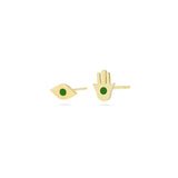Hamsa Hand & Evil Eye Stud Earrings in 18k Yellow Gold