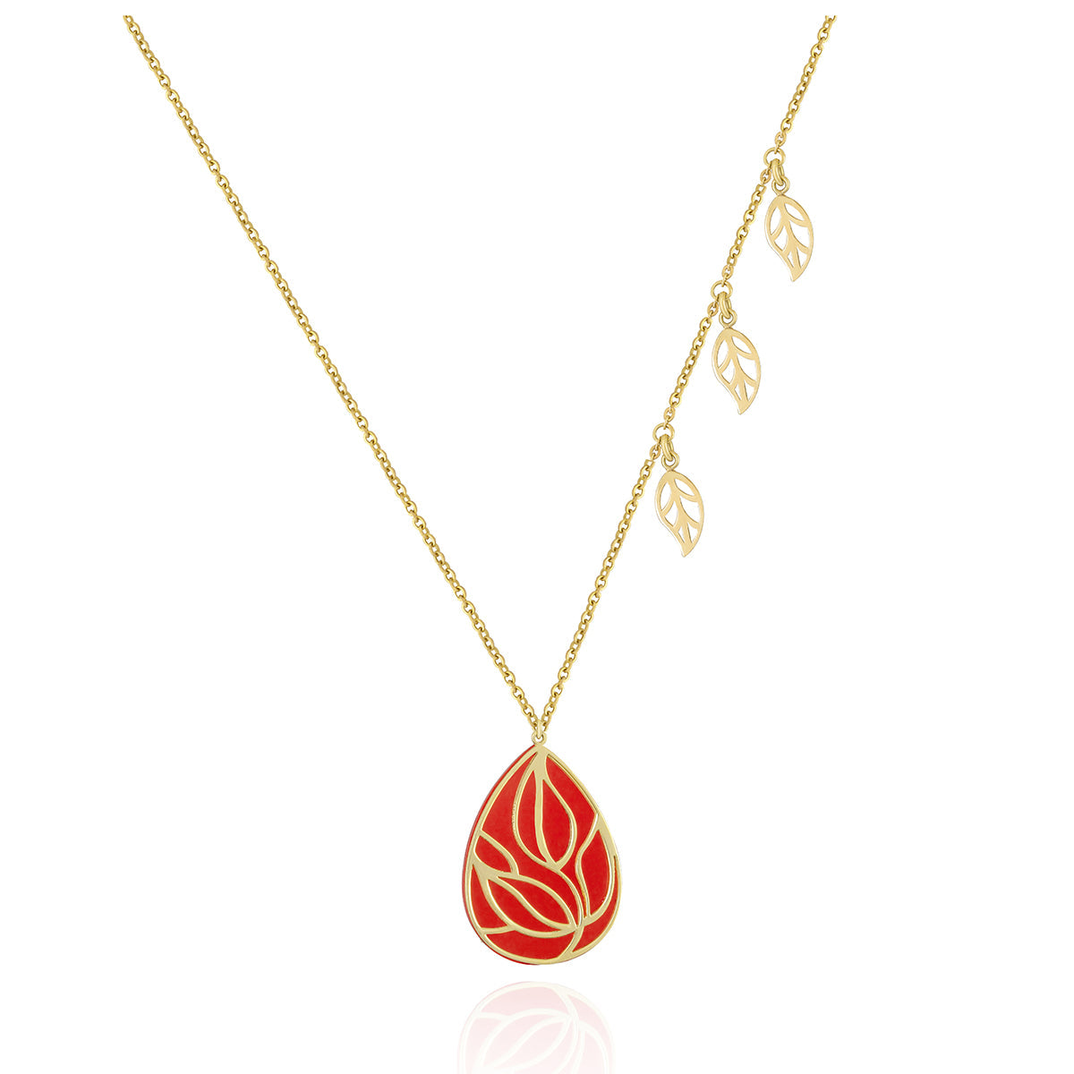 Tear Drop Pendant with leaf charms Necklace in 18k Yellow gold | El Mawardy Jewelry 