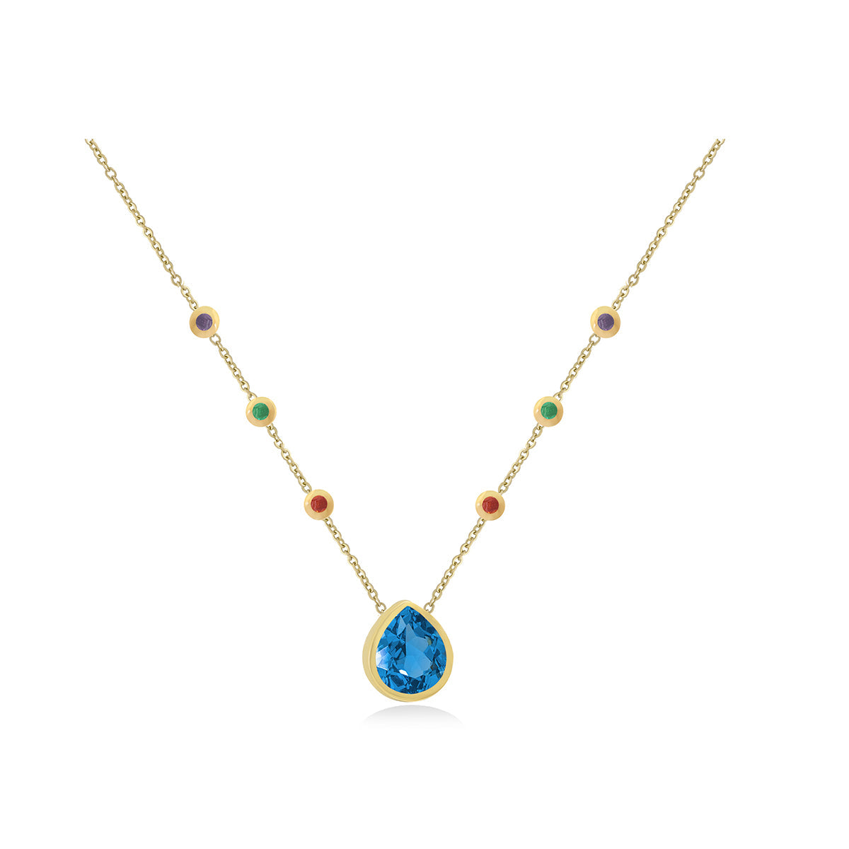Chain Necklace Inlaid With Colorful Gem Stones In 18K Gold - Yellow Gold