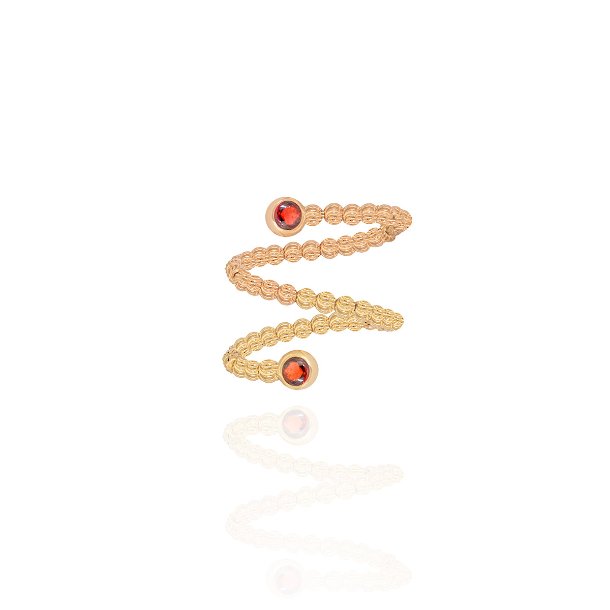 Flexible Coil Ring Adorned with Two Exquisite Round Red Semi-Precious Stones